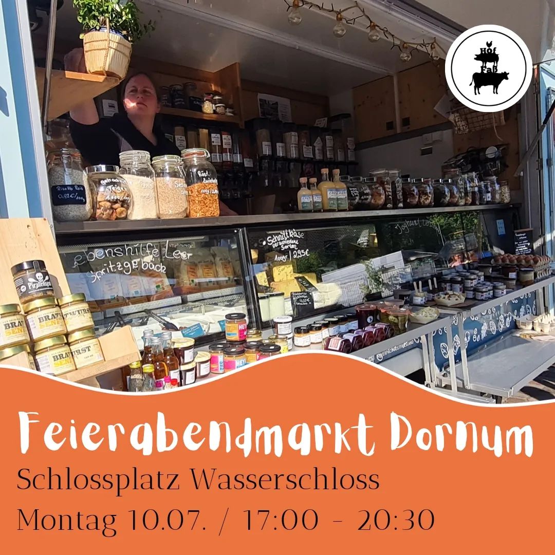 Montag morgen ab 8 Uhr sind wir in Norden auf dem Wochenmarkt 😊
Danach sind wir ab 17:00 Uhr in Dornum. Auf dem schönen Schlossplatz findet dort mit toller Atmosphäre und Livemusik der Feierabendmarkt statt. Vielleicht sehen wir uns ja😃