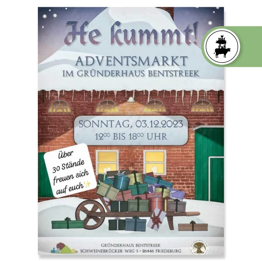 3.12.2023
12:00 - 18:00
Schweinebrücker Weg 1 in 26446 Friedeburg 
Adventsmarkt im und um das Gründerhaus Bentstreek.

Unsere Chrisin ist mit dem Watti mit dabei.
Wir alle freuen uns auf zahlreiche Besucher 

#Advent #Weihnachten #Gemütlichkeit