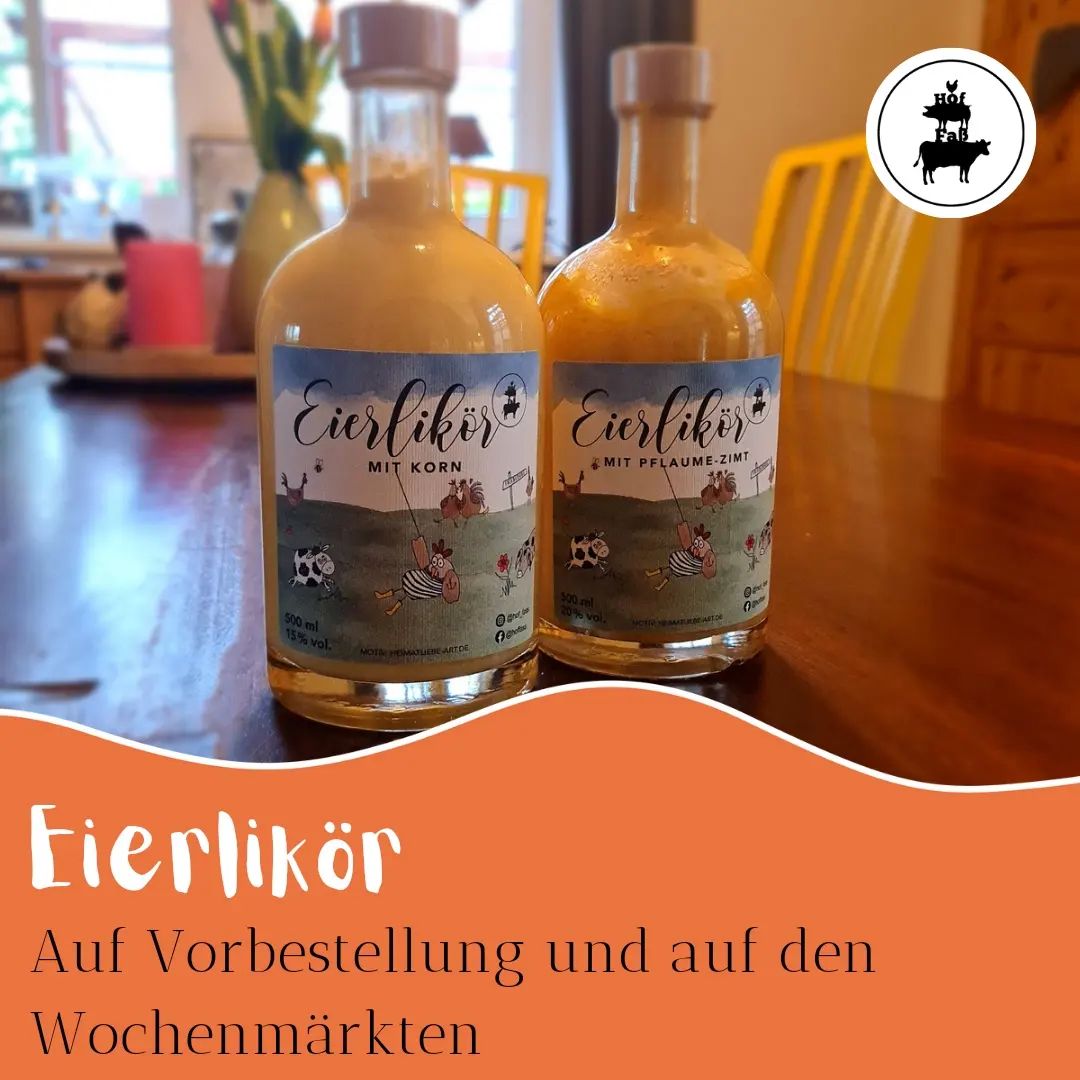 Eierlikör🐣
...gibt es bei uns natürlich auch. 
Da wir ein SB Hofladen sind, gibt es alkoholische Getränke natürlich nur auf Vorbestellung unter Shop.hof-fass.de (wer spintan noch etwas zu Ostern möcht, kann uns gerne auch eine WhatsAppunter 01736641456 schreiben), oder auf den Wochenmärkten.
Er wird auf dem Hof Poppe aus unseren Eiern produziert. Es gibt 200 (10,00 €) und 500 (15,00 €) ml Flaschen jeweils klassisch mit Korn, oder mit einem Pflaume Zimt Brand😊